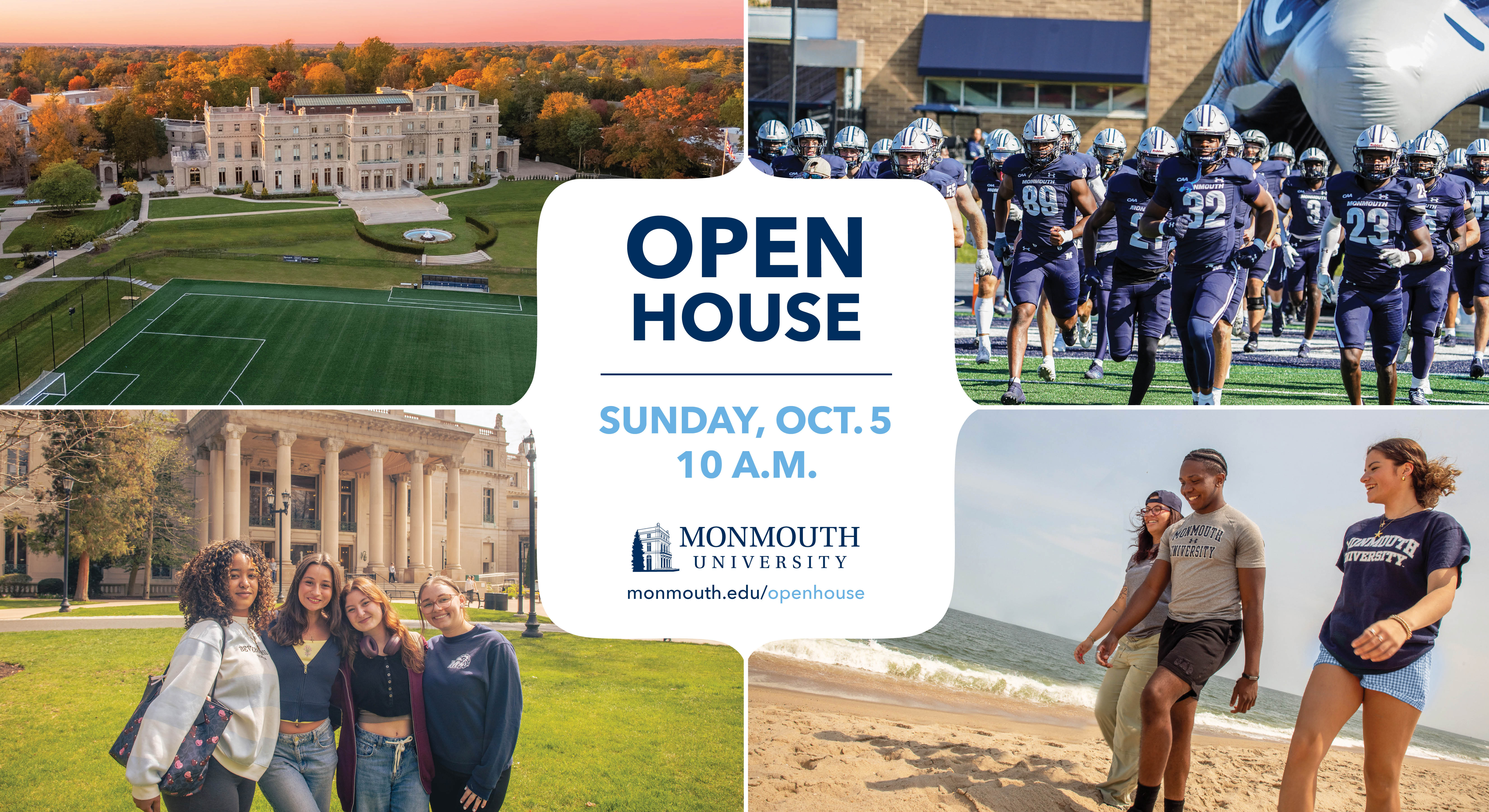 Open House October 5, 10a.m. Students smiling and talking on a sunny college campus